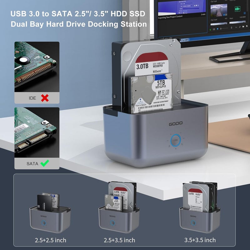 Godo محطة توصيل القرص الصلب إلى USB 3.0 نوع C، محطة توصيل القرص الصلب ذات bay مزدوجة للقرص الصلب SATA 2.5/3.5 بوصة/SSD مع مؤشر LED، تدعم النسخ المتماثل/المكرر غير المتصل 2 * 18TB رمادي - Image 4